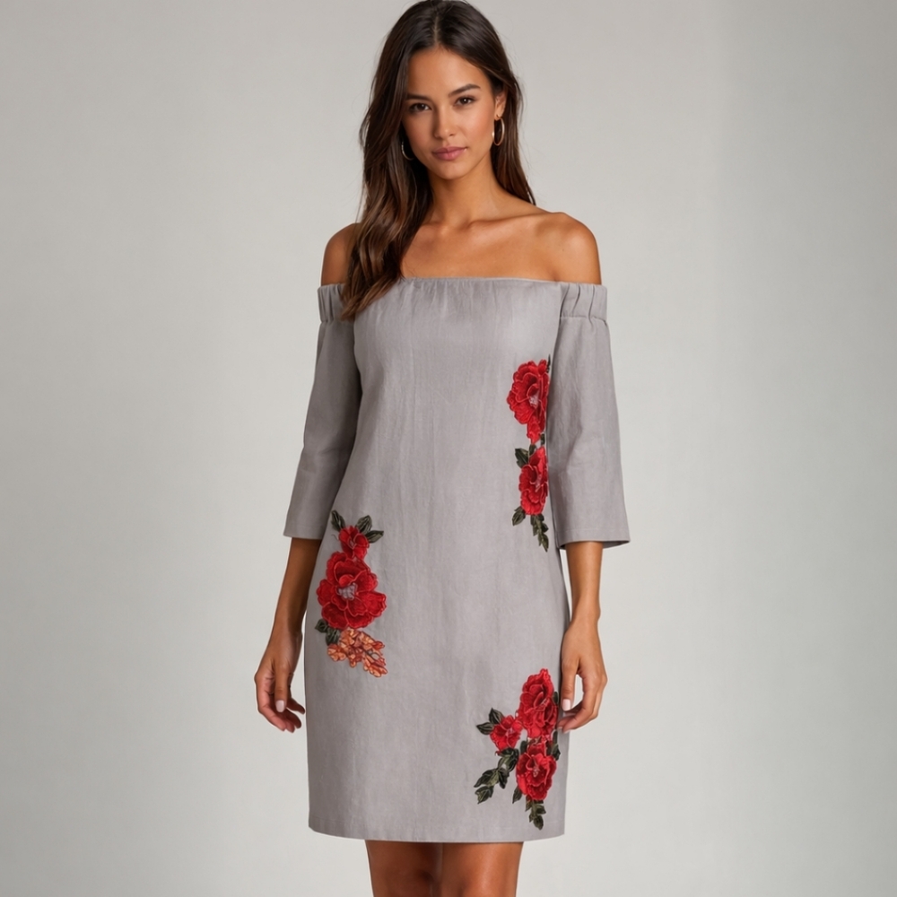 Ellie & Kate Mini Dress Size M Blue Floral Embroidery Rayon Off The Shoulders